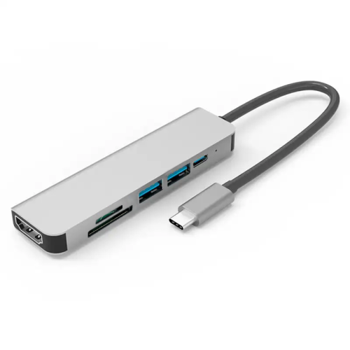 Високоскоростен USB-C хъб, модел 6-in-1, слот за SD и TF карти, HDMI порт, сребърен