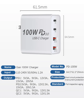 Fast GaN Charger PD 100W 4 ports USB-C Fast Wall Charger Power Adapter 100w Gan USB PD Charger