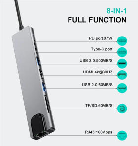 Високоскоростен USB-C хъб, модел 8-in-1, слот заRJ45, PD, SD и TF карти, HDMI порт, сребърен
