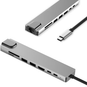 Високоскоростен USB-C хъб, модел 8-in-1, слот заRJ45, PD, SD и TF карти, HDMI порт, сребърен