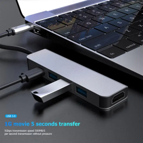 Високоскоростен USB-C хъб, модел 6-in-1, слот за SD и TF карти, HDMI порт, сребърен